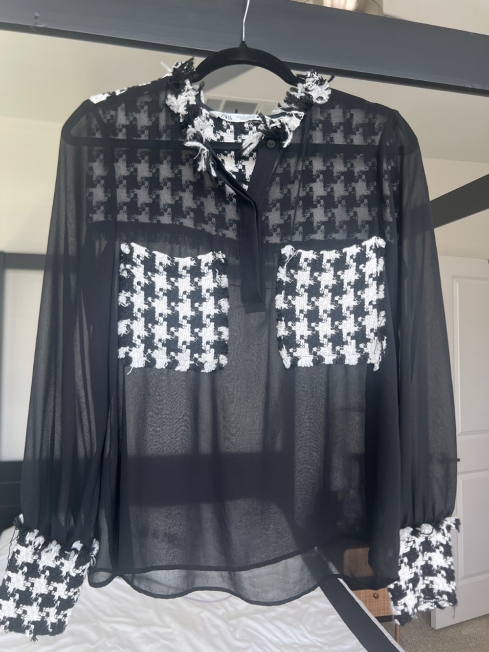 Zara Black Sheer Blouse with White Houndstooth Pockets and Cuffs